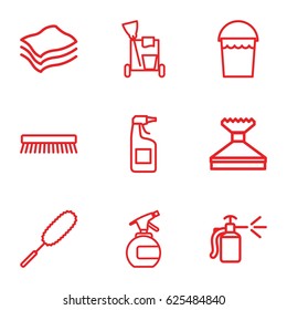 Cleaning icons set. set of 9 cleaning outline icons such as spray bottle, cleaning tools, bucket, window squeegee, cleanser, dust brush, clean brush