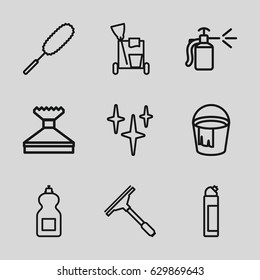 Cleaning icons set. set of 9 cleaning outline icons such as window squeegee, cleaning tools, bucket, clean, cleanser, dust brush