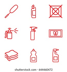 Cleaning icons set. set of 9 cleaning outline icons such as spray bottle, foot carpet, cleanser, dust brush, no dry cleaning