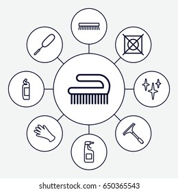 Cleaning icons set. set of 9 cleaning outline icons such as gloves, window squeegee, clean, cleanser, dust brush, clean brush
