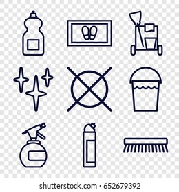 Cleaning icons set. set of 9 cleaning outline icons such as spray bottle, bucket, clean, foot carpet, cleanser