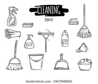 Cleaning icons set. Black and white vector editable illustration of cleaning supplies, tools and items