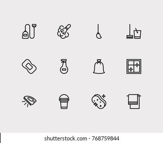 Cleaning icons set with cleaning bucket, ironing and cleaning mop elements. Set of cleaning icons also including sweeper sign for your web app logo UI design.