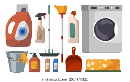 Cleaning icons set. Detergents, brushes and mops. Bucket and washing machine. Cleanliness and hygiene. Routine and household chores. Flat vector collection isolated on white background