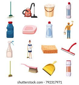 Cleaning icons set detergents. Cartoon illustration of 16 cleaning vector icons for web