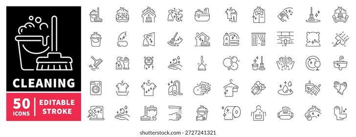 Conjunto de iconos de limpieza. iconos de línea editables para el mantenimiento, el hogar y la higiene
