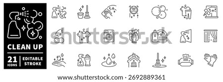 Cleaning icons set. editable line icons for housekeeping and sanitation