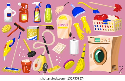 Cleaning icons. Set of Home or Room tools for poster. Washing machine, Detergents Cleanser, Water bucket for Mopping, Vacuum cleaner Scoop, Chemicals Appliances for service. Cartoon Household.