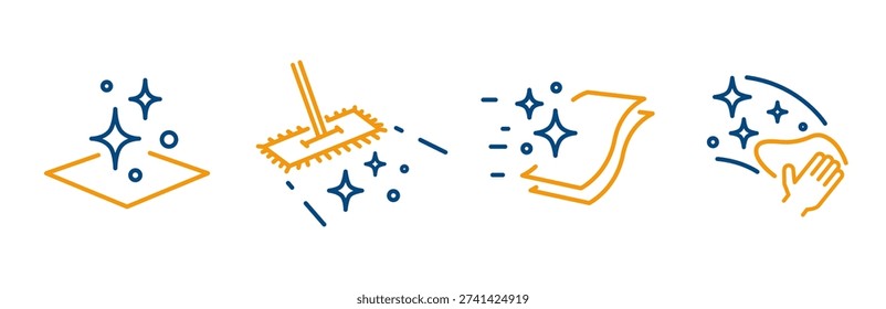 Cleaning icons, set icon of clean surface, wet cleaning, hand wiping, cloth for easy polish, mop with shiny floor, line vector with editable stroke