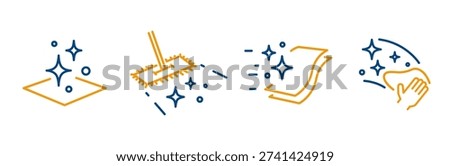 Cleaning icons, set icon of clean surface, wet cleaning, hand wiping, cloth for easy polish, mop with shiny floor, line vector with editable stroke
