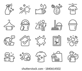 Cleaning icons set. Included icon as Bucket, Dirty spot, Window cleaning signs. Clean bubbles, Sponge, Clean shirt symbols. Dry t-shirt, Washing cleanser, Dirty water. Rubber gloves. Vector