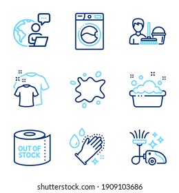 Cleaning Icons Set. Included Icon As Hand Washing, Washing Machine, Cleaning Service Signs. Vacuum Cleaner, Dirty Spot, Toilet Paper Symbols. Clean T-shirt Line Icons. Laundry Basin, Laundry. Vector