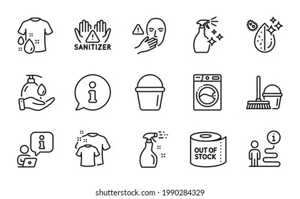 Cleaning icons set. Included icon as Dirty water, Clean hands, Washing machine signs. Bucket, Cleaning spray, Bucket with mop symbols. Dont touch, Wash t-shirt, Washing cleanser. Vector