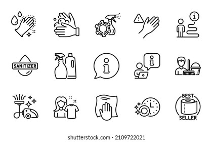 Cleaning icons set. Included icon as Washing cloth, Cleaning service, Dont touch signs. Hand sanitizer, Wash hands, Washing hands symbols. Dishwasher timer, Toilet paper, Vacuum cleaner. Vector