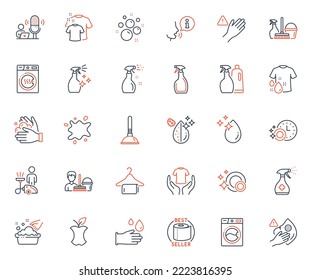 Cleaning icons set. Included icon as Cleaning, Cleaning service and Organic waste web elements. Toilet paper, Washing cleanser, Washing machine icons. Dirty water, Rubber gloves. Vector