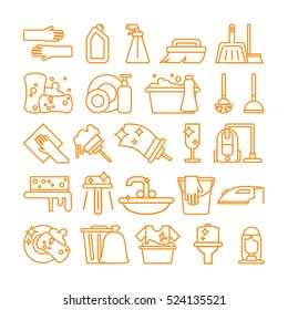 Cleaning icons set. Isolated signs and symbols of cleaning, housework, washing and equipment on white background.