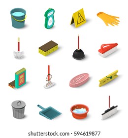 Cleaning icons set. Isometric illustration of 16 cleaning vector icons for web