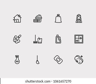 Cleaning icons set. Laundry and cleaning icons with dust cleaning, garbage and house cleaning. Set of glass for web app logo UI design.