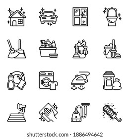 Cleaning icons set. Laundry and Vacuum cleaner. Washing machine Thin line style stroke vector.