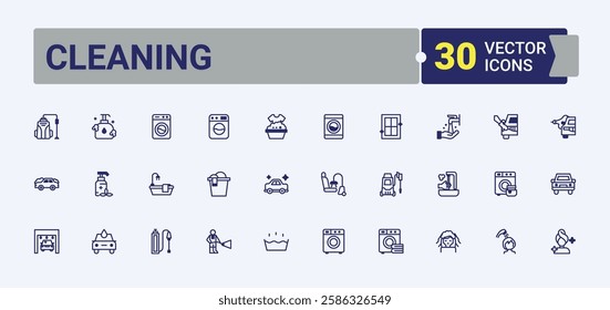 Cleaning icons set in linear style. It contains symbols to antiseptic, shirt, wash, bubble, shower, cloth, fabric, clean. Isolated icon. Minimalist editable vector stroke.