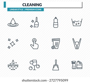 Conjunto de iconos de limpieza: líquido, barrido, detergente para lavavajillas, clavija de ropa, productos de limpieza delinean la colección de Vector.