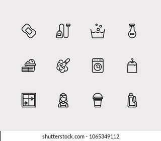 Cleaning icons set. Cleaning maid icon with laundry, window and dry cleaning. Set of glass for web app logo UI design.