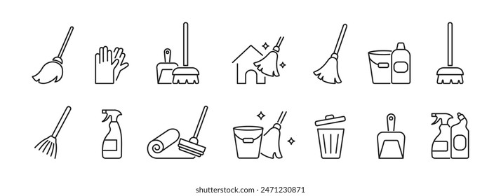 Die Symbole werden bereinigt. Mopp, Eimer, Teppich, Spray, Flasche Haushalt. Wischen. Vektorillustration.