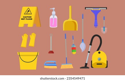 Iconos de limpieza fijados con mop, limpiador de cubos de jabón, cepillo, escoba, cubo y guantes, ilustración vectorial aislada plana. Icono de conjunto simple del equipo de limpieza del hogar