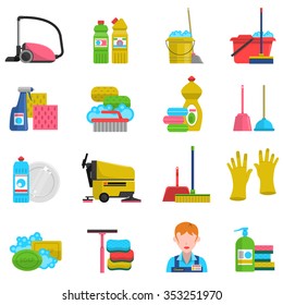 Cleaning icons set with mop soap and gloves flat isolated vector illustration 