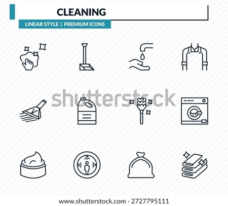 cleaning icons set - neat, dust pan, hand wash, washing clothes, clothes cleaning outline vector collection.