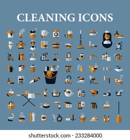 Cleaning icons set on a blue background