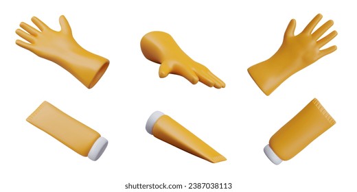 Cleaning icons set. Realistic rubber yellow gloves, tube in different positions. Inventory and detergents. Color isolated illustration. Hand protection when working with household chemicals