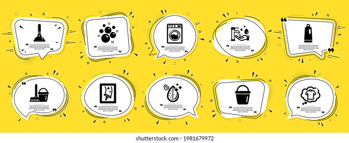 Cleaning icons set. Speech bubble offer banners. Yellow coupon badge. Included icon as Plunger, T-shirt, Shampoo signs. Clean bubbles, Dirty water, Bucket symbols. Vector