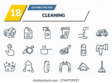 cleaning icons set - sponges, detergent, hand soap, serviette, plunger outline vector collection.