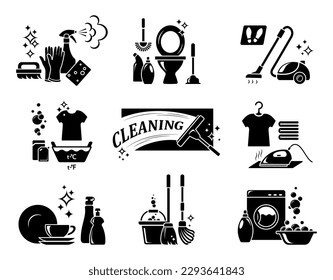 Cleaning icons set. Symbols and signs for infographic or website. Cleaning service, prevention and disinfection. Housekeeping, cleaning of residential and office premises. Isolation. Vector