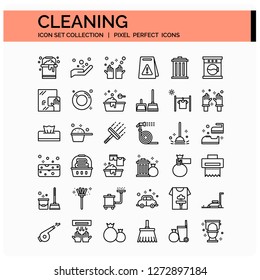 Cleaning Icons Set. UI Pixel Perfect Well-crafted Vector Thin Line Icons. The illustrations are a vector.