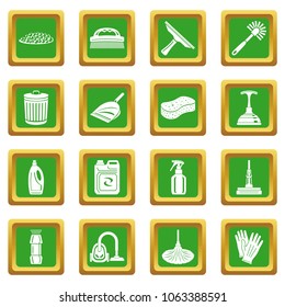 Cleaning icons set vector green square isolated on white background 