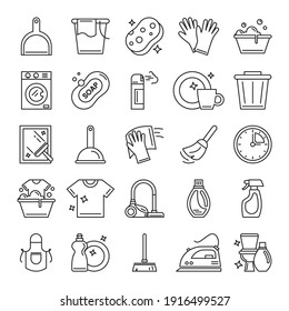 Cleaning icons set vector isolated. Bucket, mop, spray and sponge. Collection of housework symbols. Hygiene and cleanliness. Soap and brush against the dirt.