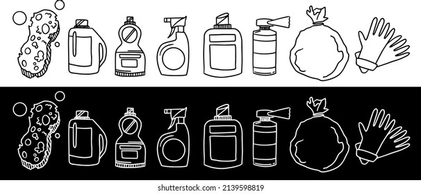 Cleaning icons set vector isolated. Hygiene and cleanliness. Soap and sponge against dirt. Detergent bottles, spray, trash bag, gloves.