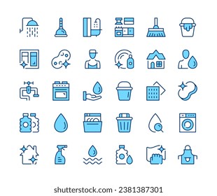 Cleaning icons set. Vector line icons. Blue color outline stroke symbols. Modern concepts