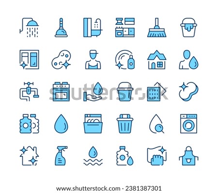 Cleaning icons set. Vector line icons. Blue color outline stroke symbols. Modern concepts
