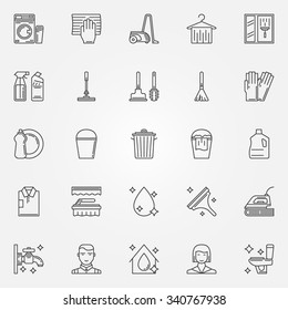 Cleaning icons set - vector linear cleaning tools signs or logo elements. Housework cleaning symbols in thin line style