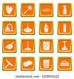 Cleaning icons set vector orange square isolated on white background 