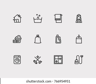 Cleaning icons set with washer, house cleaning and cleaning maid elements. Set of cleaning icons also including bath towel hanger sign for your web app logo UI design.