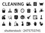 Cleaning icons set. Washing, cleaning, laundry symbol collection. Vector illustration