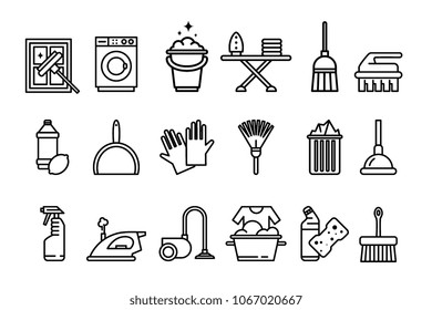 Cleaning icons set, washing machine, ironing, gloves, sponge, mop, vacuum cleaner, shovel and other cleaning elements line vector Illustrations on a white background