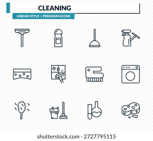 cleaning icons set - wiper, deodorizer, mop, laundry, sponges outline vector collection.