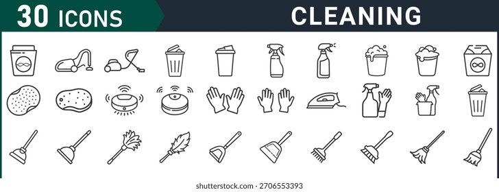 Cleaning icons showcase essential tools and equipment utilized for maintaining household hygiene and performing various cleaning chores presented as simple outline illustrations ideal for instruction