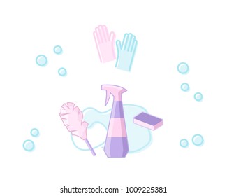 Cleaning icons: spray, sponge, bubbles, gloves. For cleaning company poster or advertisement. Isolated on white background line art style illustration.