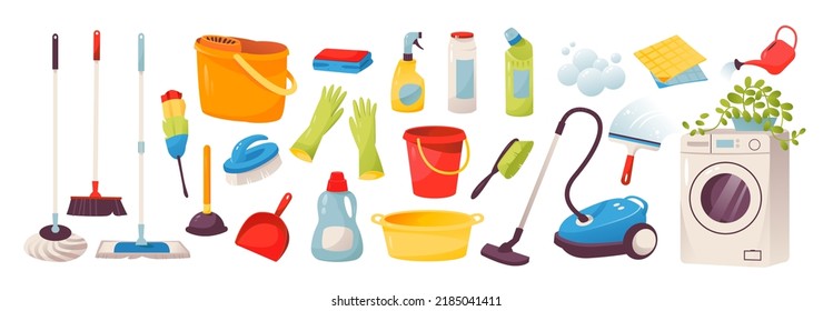 
Cleaning. Icons of tools for cleaning the house and office. Washing machine, vacuum cleaner, detergents and cleaning products for cleaning. Housework concept. Vector illustration isolated 